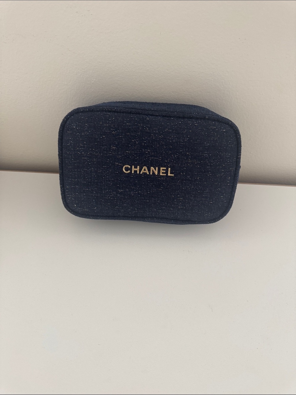 CHANEL Navy Tweed Mini Pouch with Gold Logo